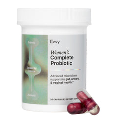 Evvy frente del envase mostrando diseño y suministro para 30 días, conveniencia visual