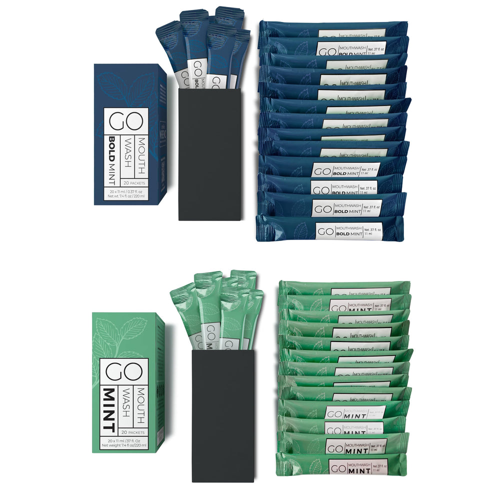 Exershield paquete frontal mostrando Bold Mint y Mint, conveniencia de viaje