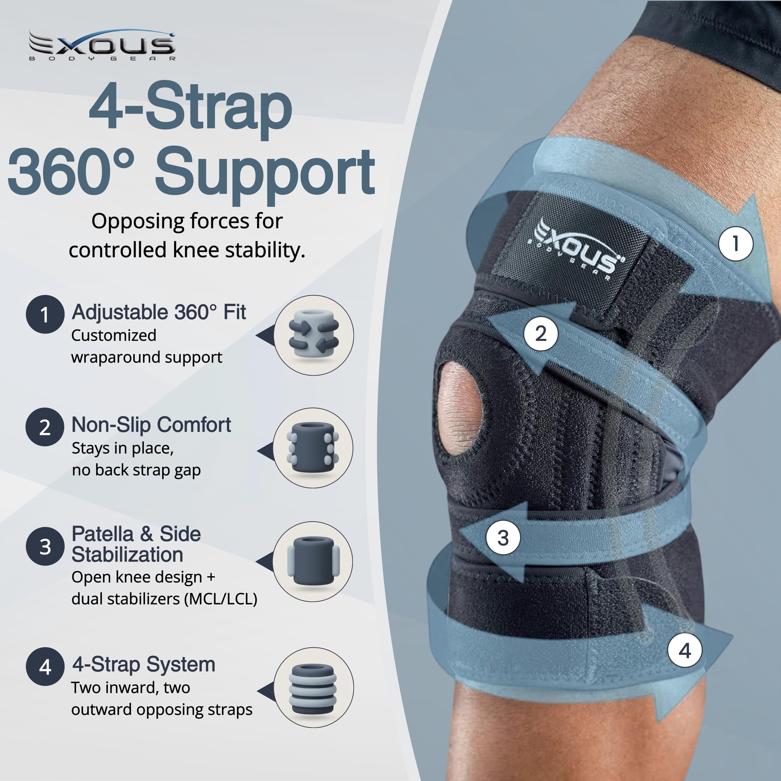 EXOUS BODYGEAR detalle de las cuatro correas para mayor control