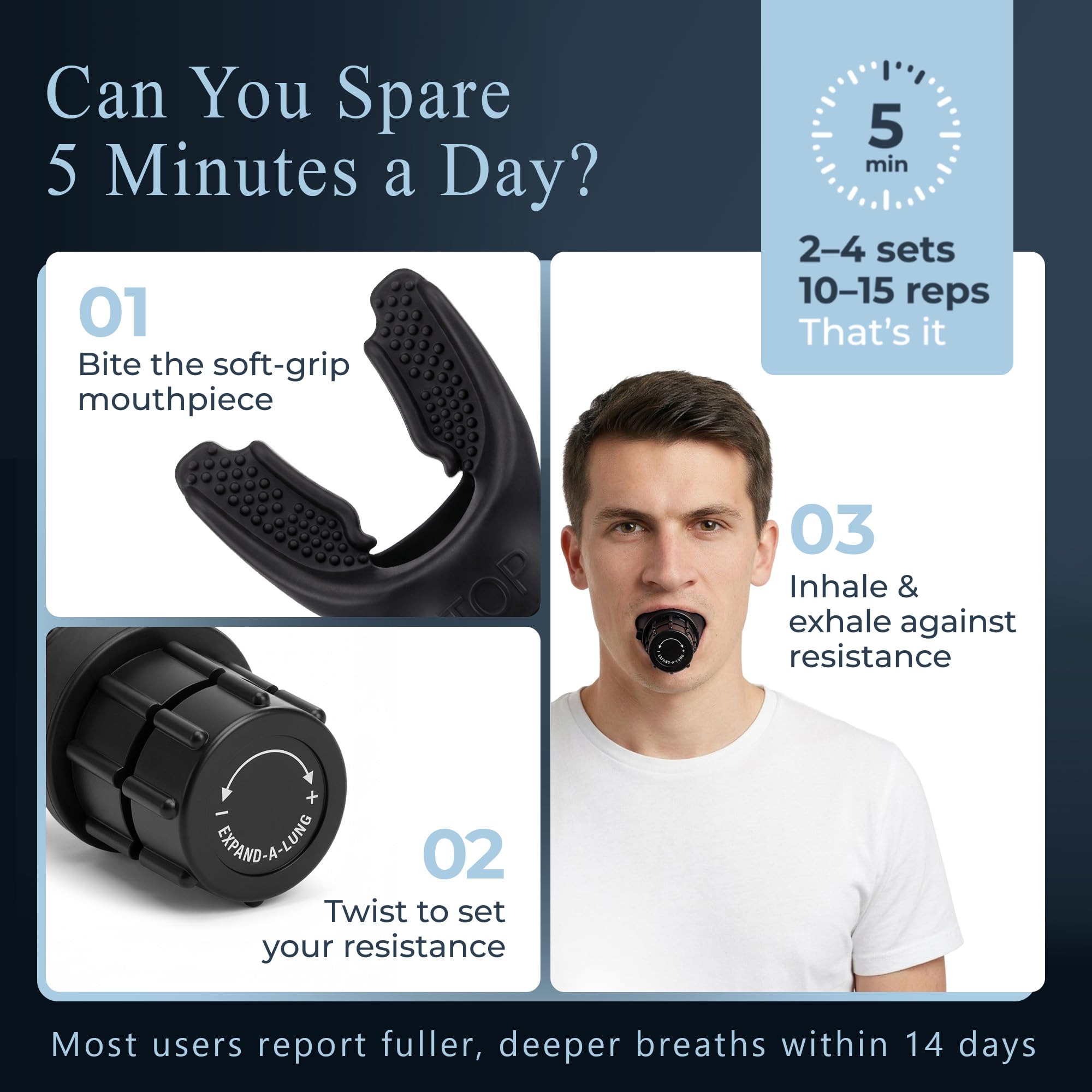 Expand-A-Lung persona usando el entrenador durante ejercicio para mejorar resistencia