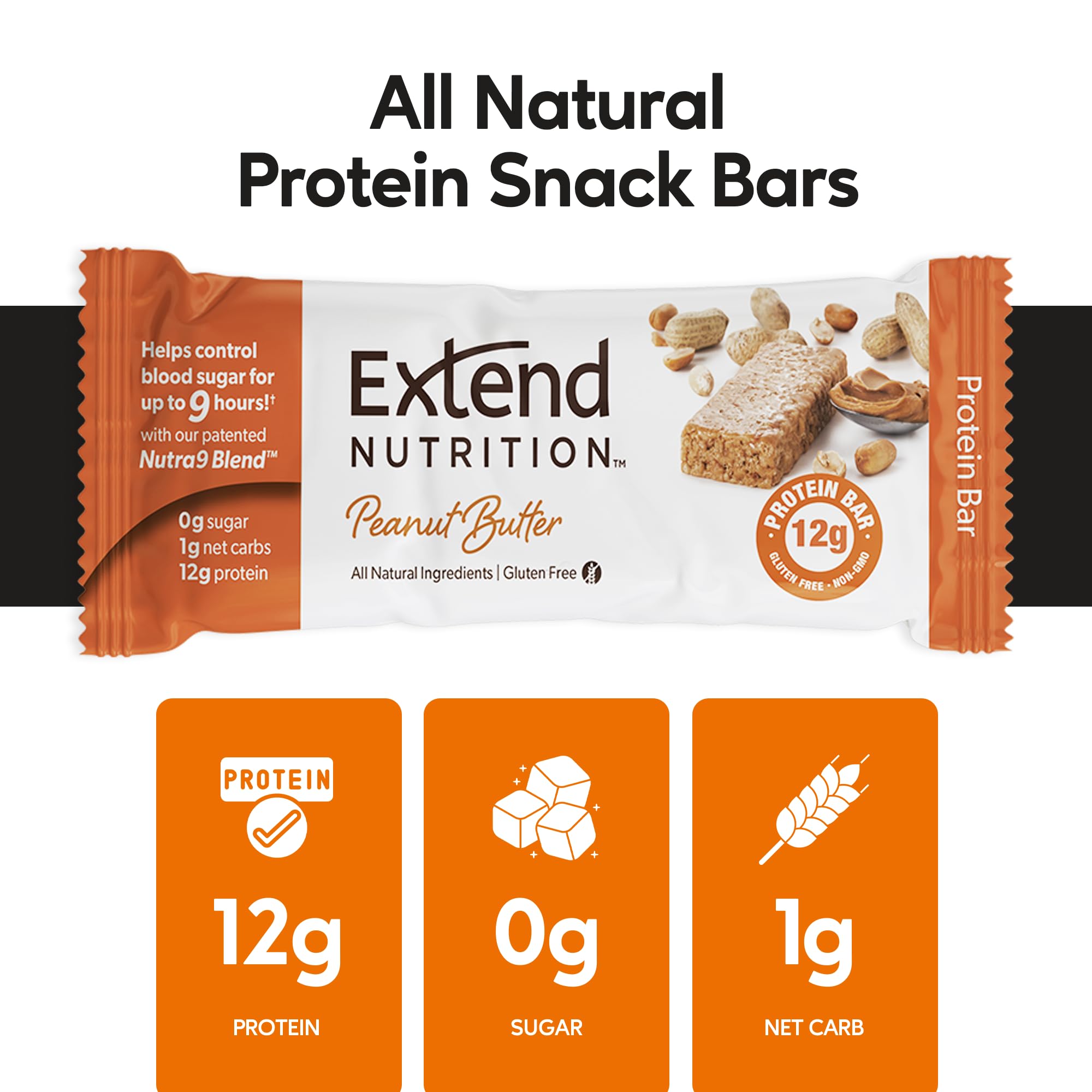 Extend Bar etiqueta nutricional que destaca 12 g proteína y 0 g azúcar