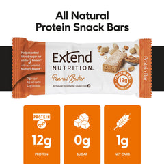 Extend Bar etiqueta nutricional que destaca 12 g proteína y 0 g azúcar