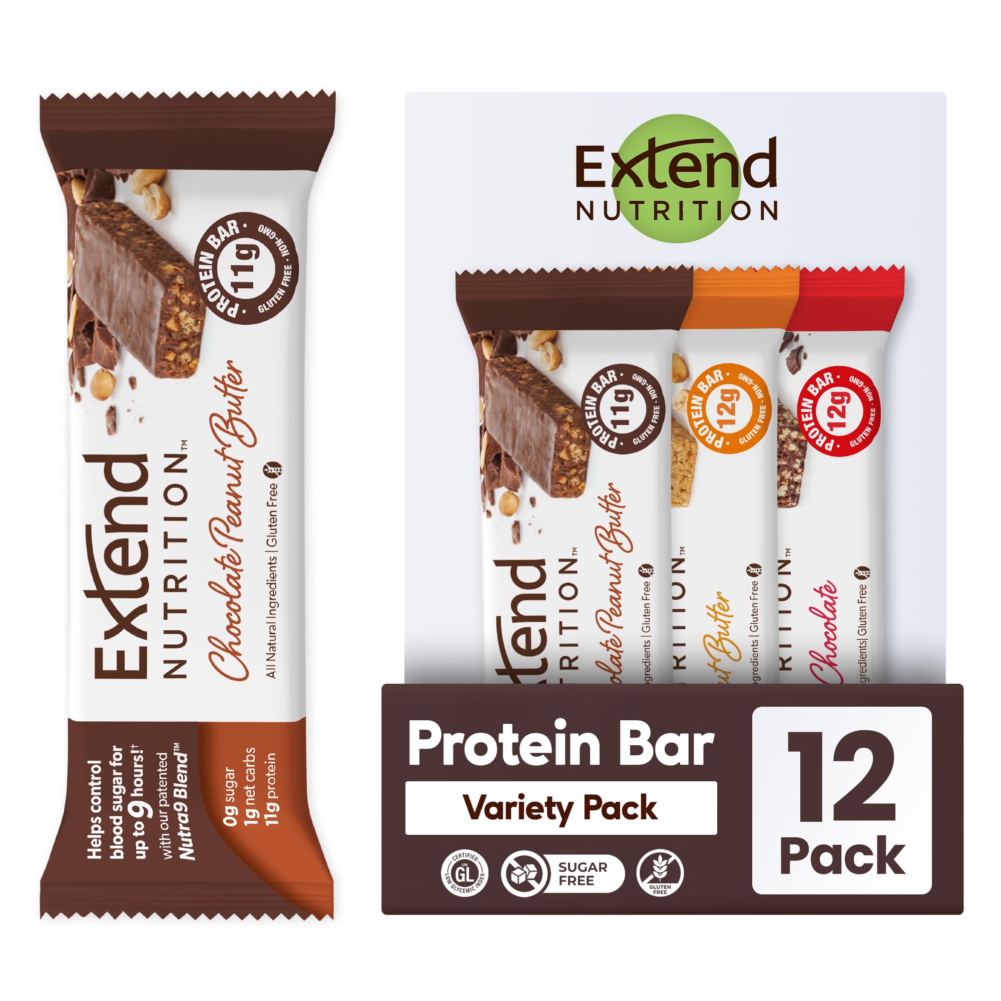 Extend Bar empaque frontal mostrando variedades y beneficios saciantes