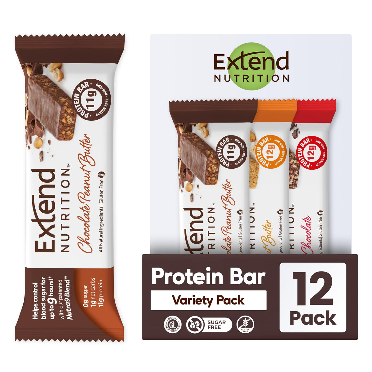 Extend Bar empaque frontal mostrando variedades y beneficios saciantes