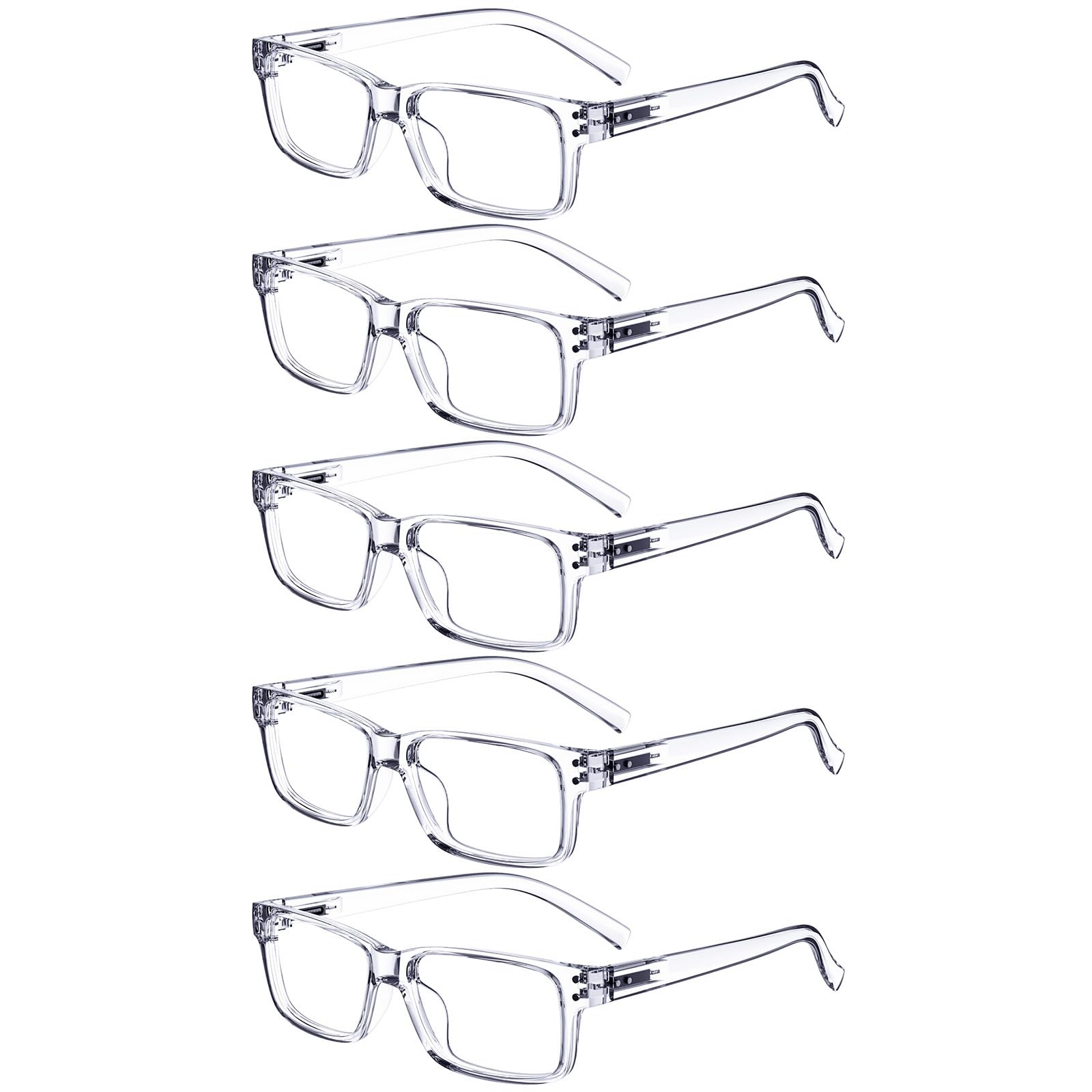 Eyekepper pack de cinco gafas de lectura frontales mostrando montura transparente y beneficio organización