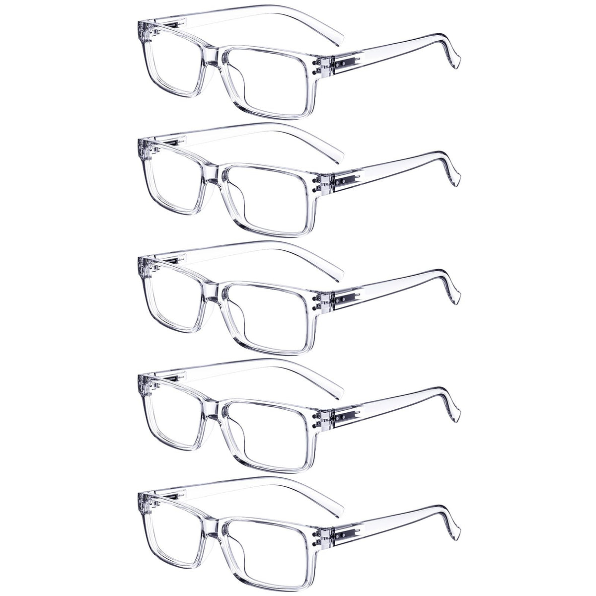 Eyekepper pack de cinco gafas de lectura frontales mostrando montura transparente y beneficio organización