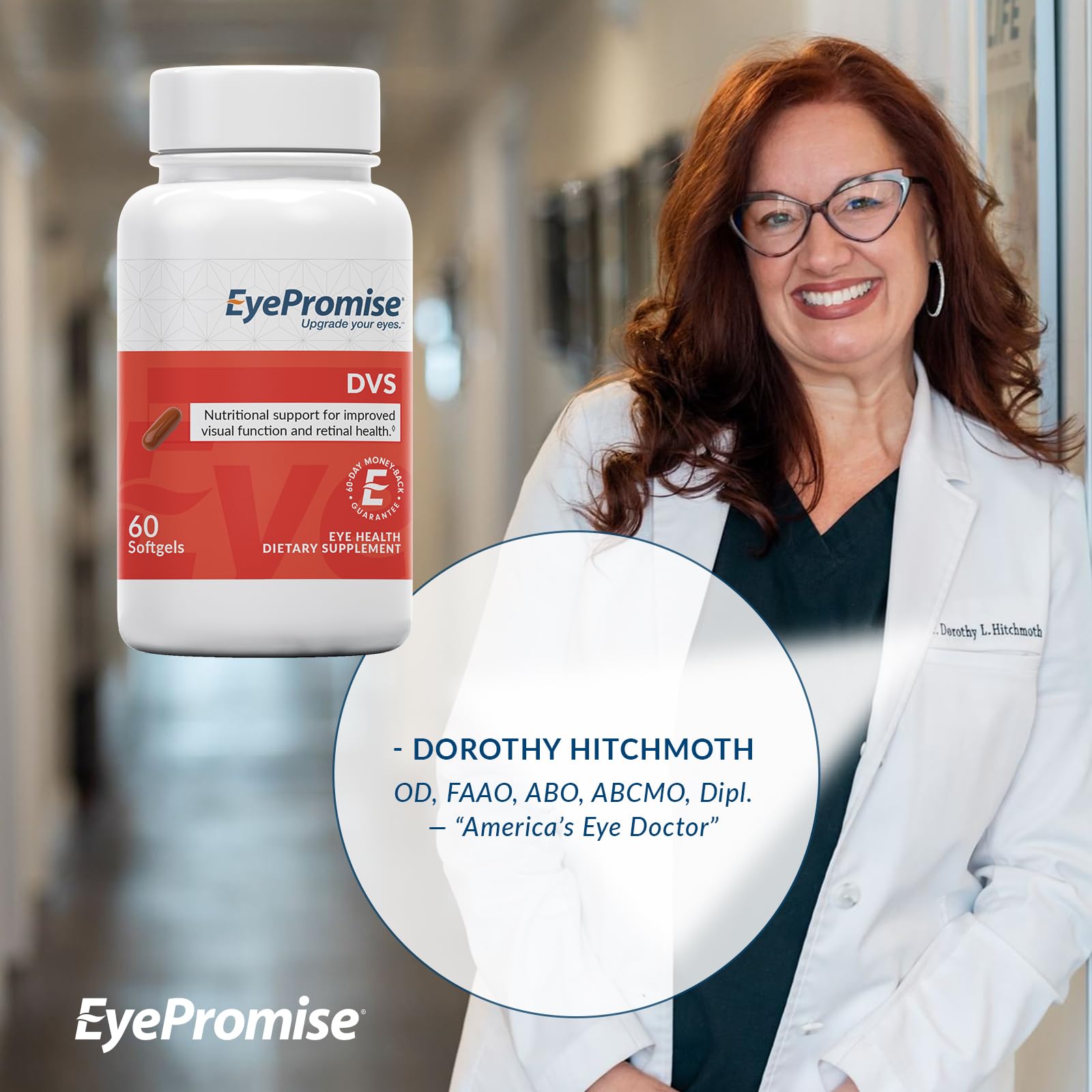 Etiqueta del producto EyePromise DVS destacando ingredientes clave y calidad