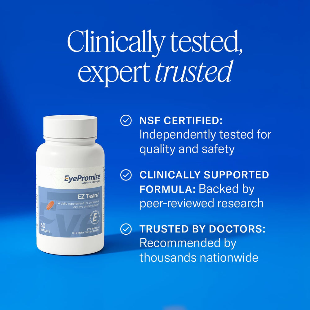 Etiqueta EyePromise EZ Tears con lista de ingredientes y certificación visible