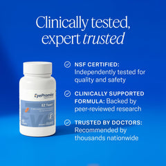 Etiqueta EyePromise EZ Tears con lista de ingredientes y certificación visible
