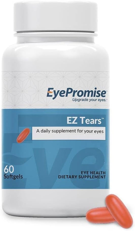 Envase EyePromise EZ Tears frontal mostrando 60 cápsulas, claridad visual rápida