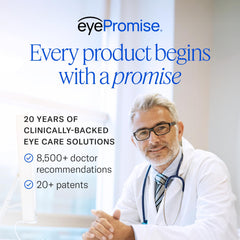 Caja abierta con 60 softgels EyePromise EZ Tears, suministro mensual claro