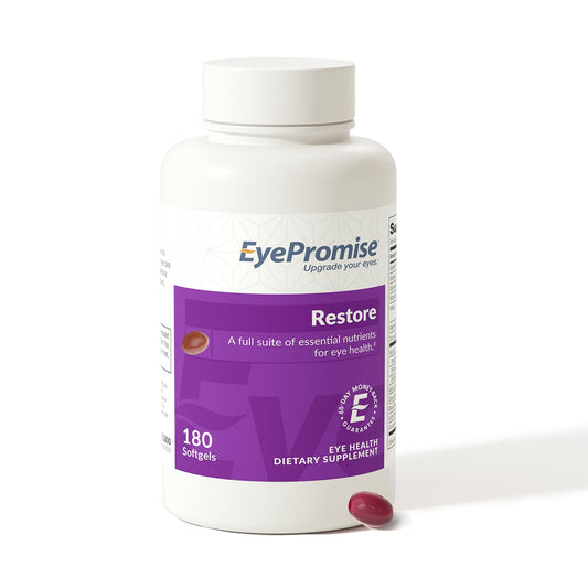 EyePromise Restore frasco delantero mostrando la marca y cantidad para fácil identificación