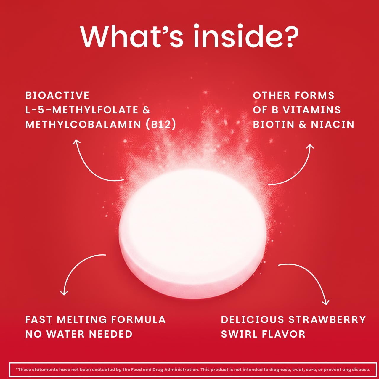 Lado del envase EZ Melts con lista de ingredientes, transparencia y lectura clara