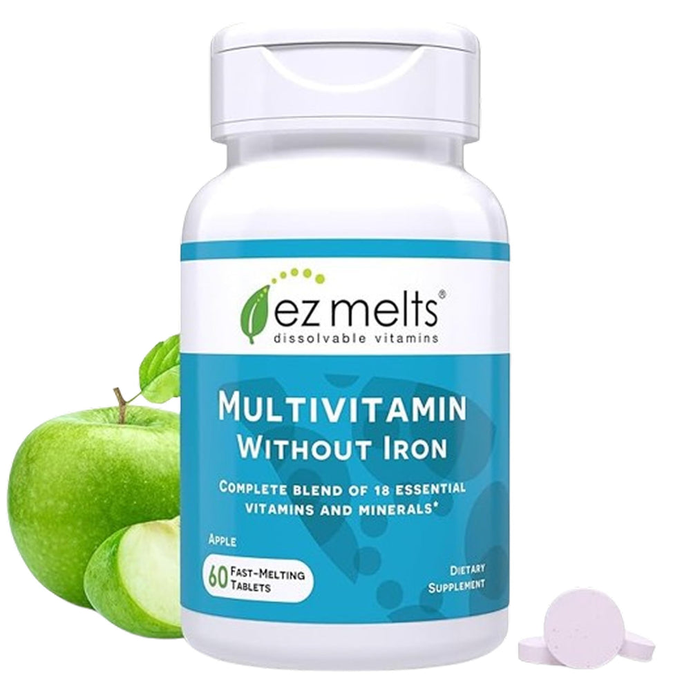 EZ Melts frente del envase mostrando 60 tabletas y sabor manzana, ideal para conveniencia diaria