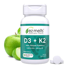 Envase EZ Melts D3 + K2 5,000 IU mostrando diseño y sabor manzana verde para conveniencia
