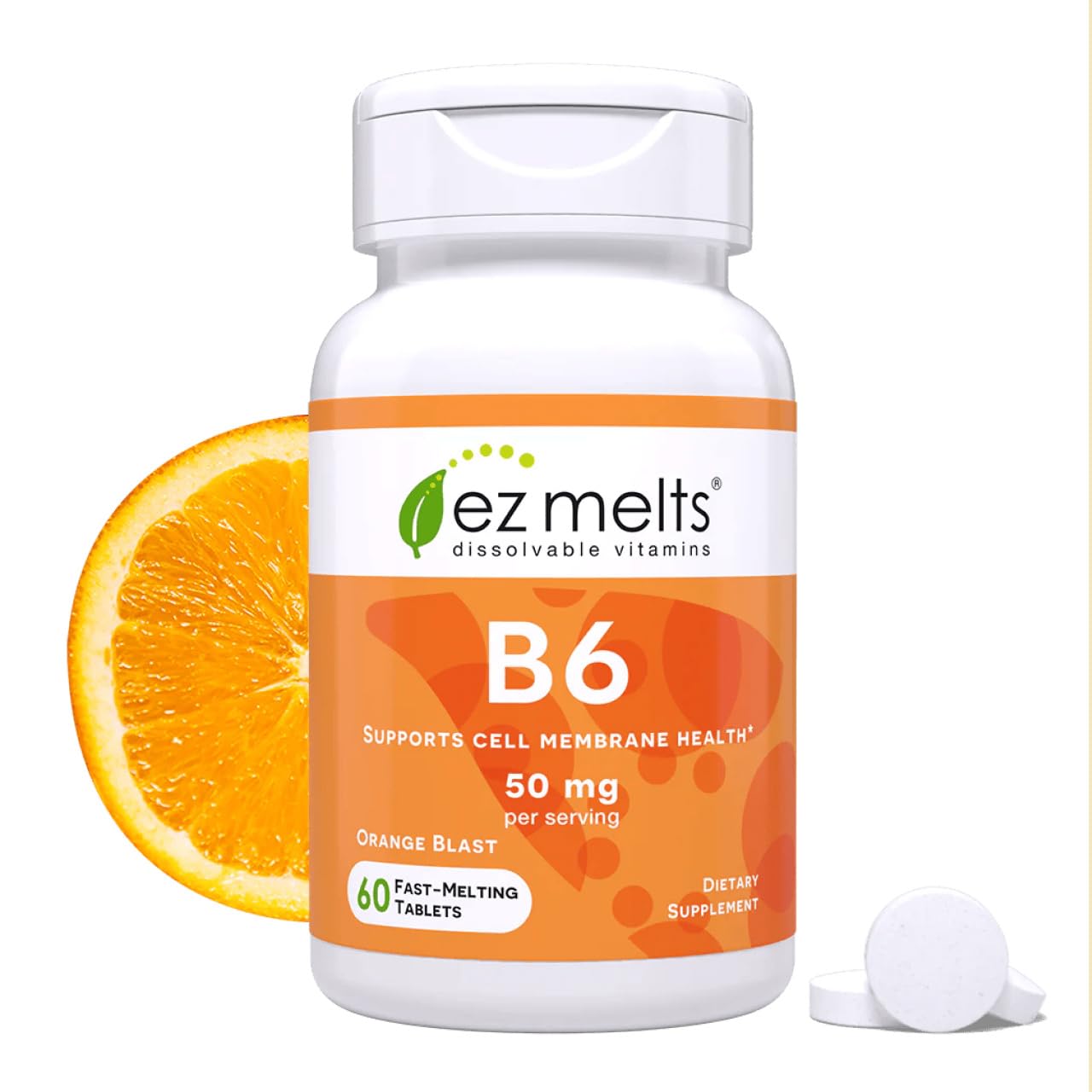 EZ Melts envase frontal mostrando 60 tabletas y diseño naranja, fácil identificación del producto
