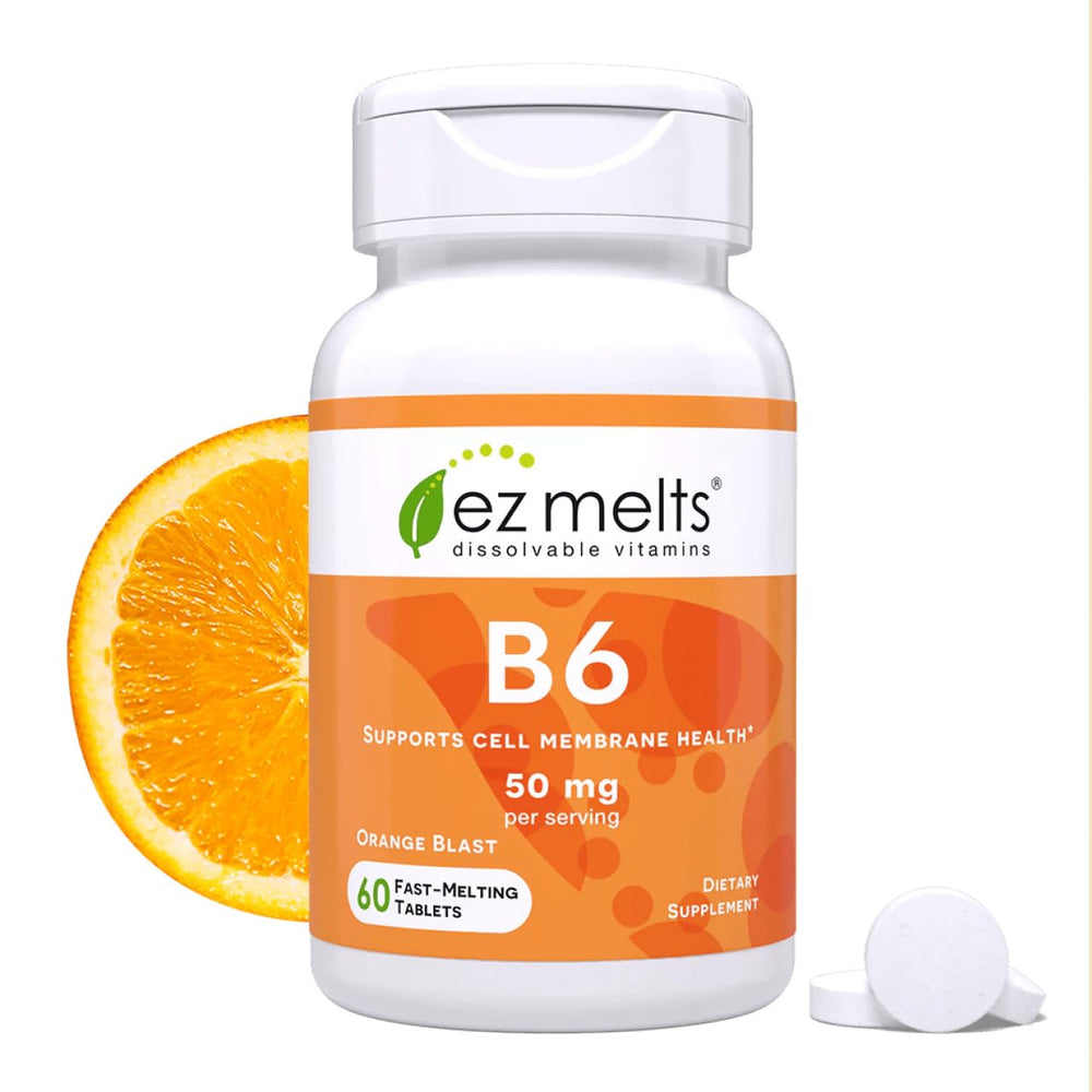 EZ Melts envase frontal mostrando 60 tabletas y diseño naranja, fácil identificación del producto