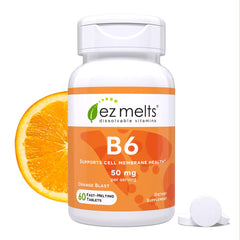 EZ Melts envase frontal mostrando 60 tabletas y diseño naranja, fácil identificación del producto