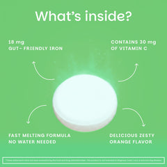 Etiqueta nutricional de EZ Melts Iron con ingredientes y beneficios claros