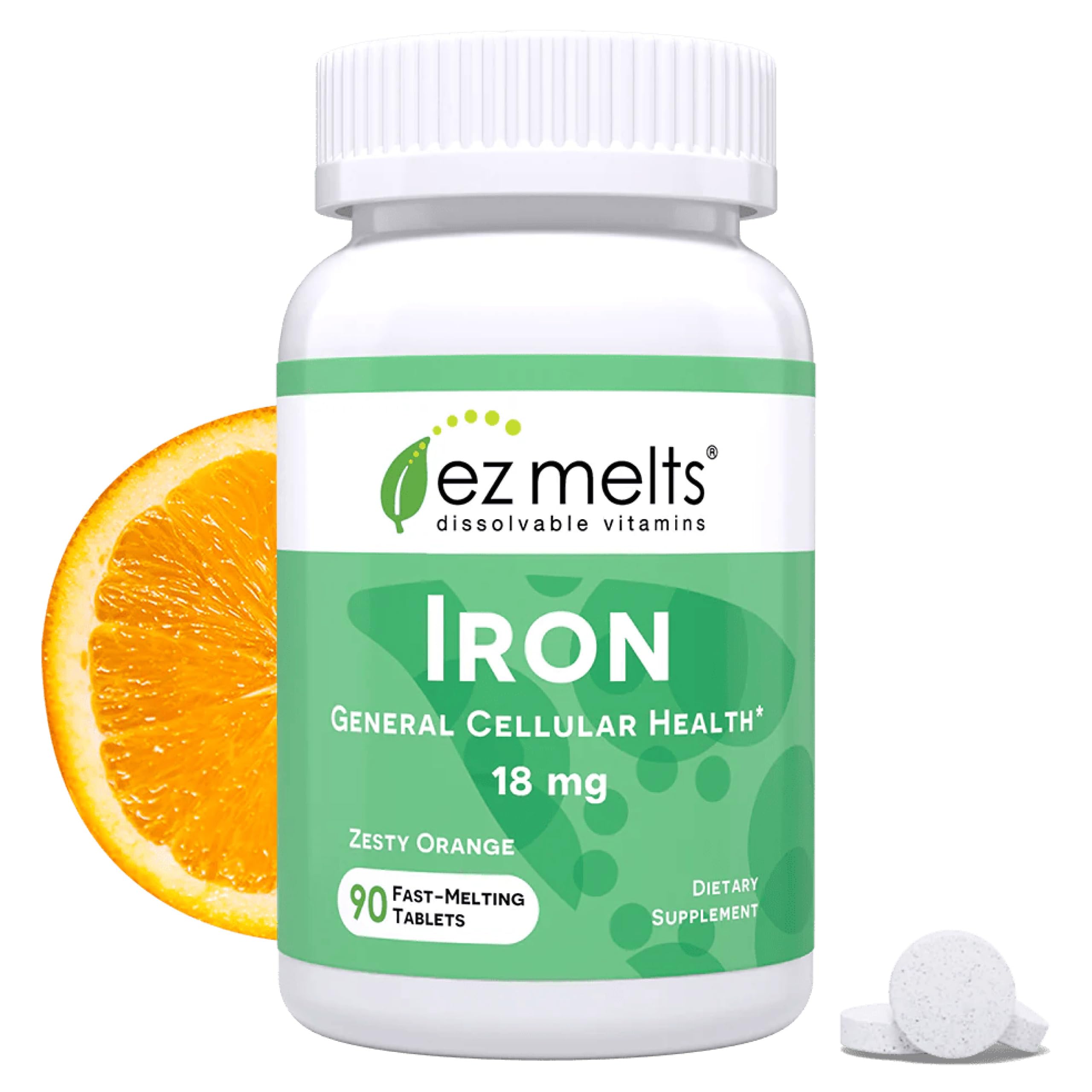 EZ Melts frontal del envase mostrando 90 tabletas y sabor naranja, conveniencia