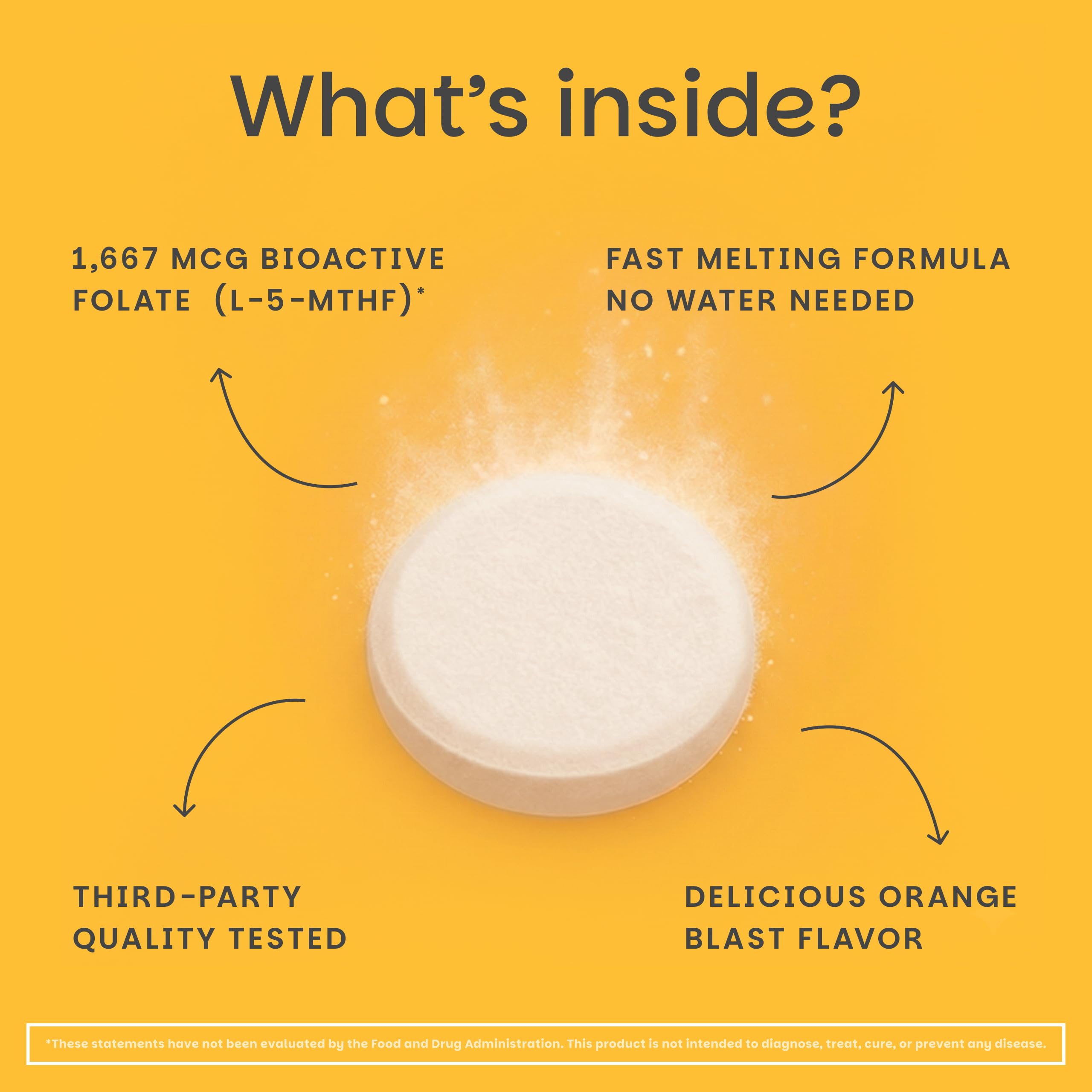 Etiqueta de EZ Melts con ingredientes y beneficio de folato metilado claro