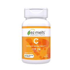 EZ Melts frasco frontal con diseño naranja, fácil identificación y formato portable