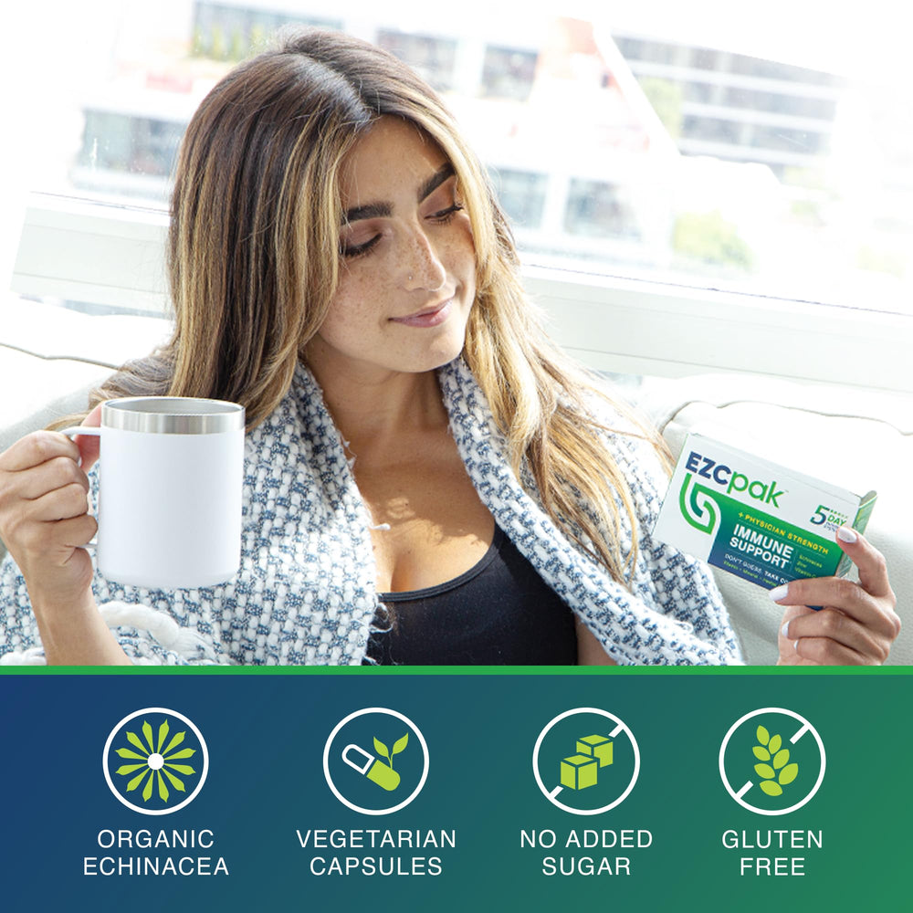 EZC Pak etiqueta de ingredientes enfocada en Echinacea, zinc y vitamina C