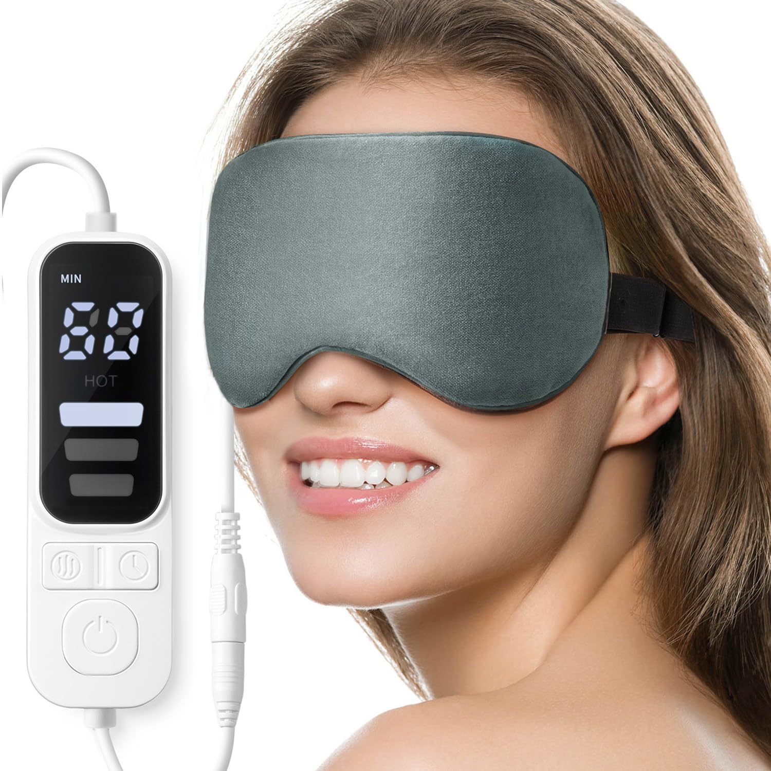 Ezona máscara térmica frontal mostrando diseño y ajuste cómodo para relajación ocular