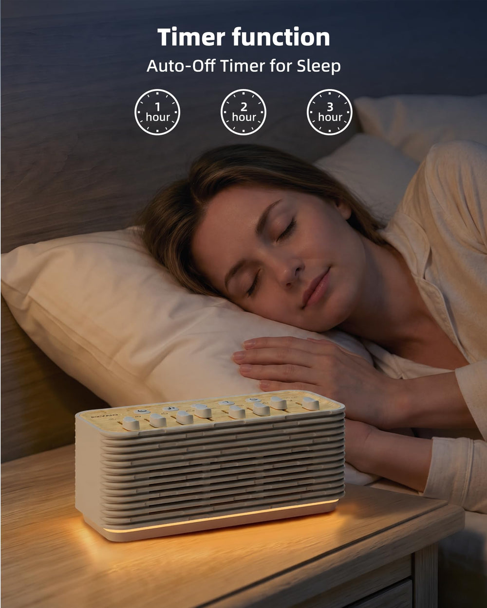 EZVALO máquina en mesita de noche creando ambiente tranquilo para dormir
