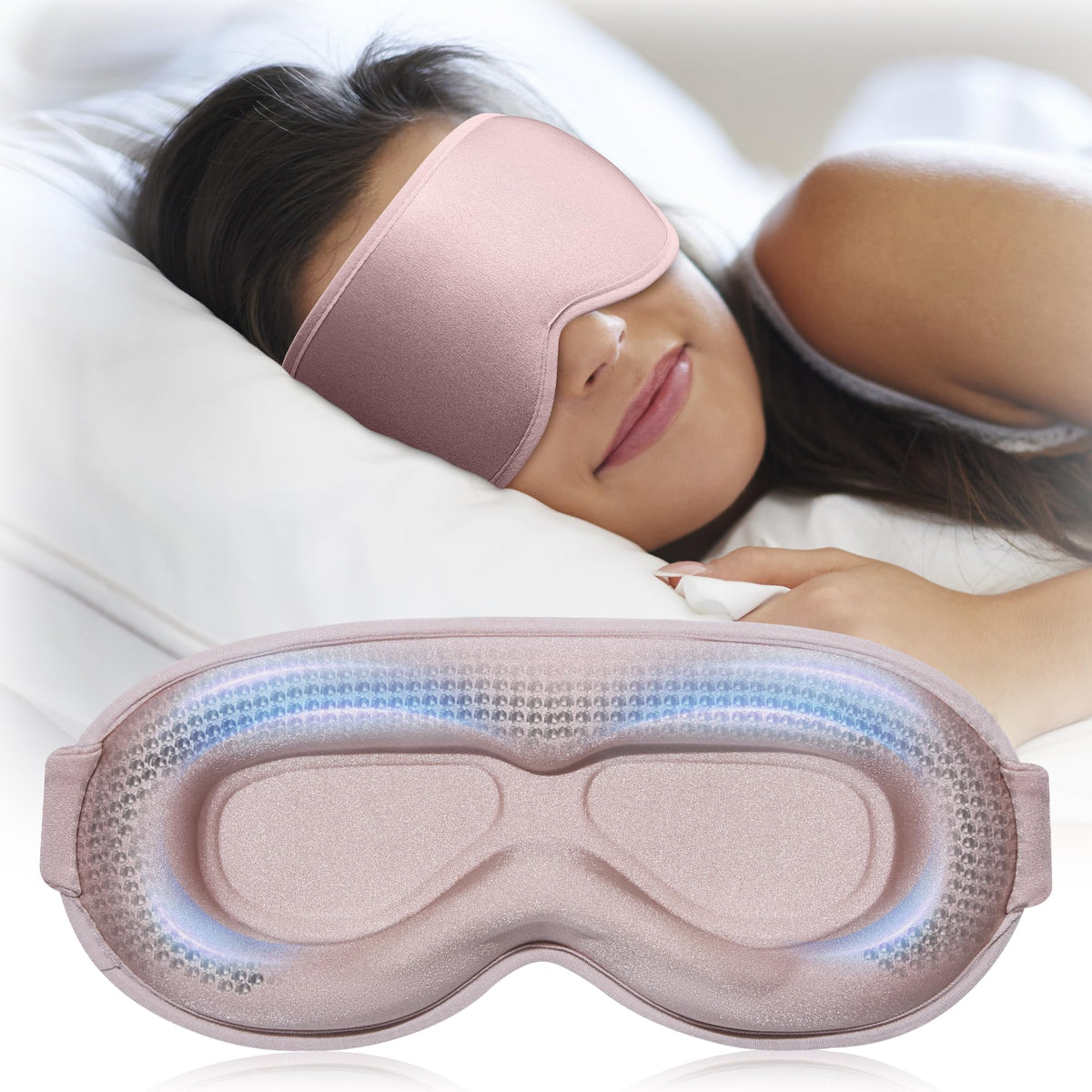 FACEMOON antifaz rosa vista frontal con bloqueo total de luz y confort