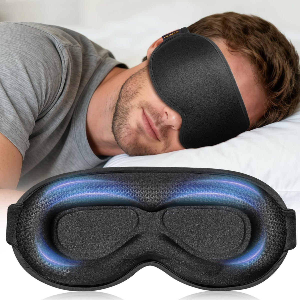 FACEMOON antifaz frontal mostrando diseño y bloquea la luz
