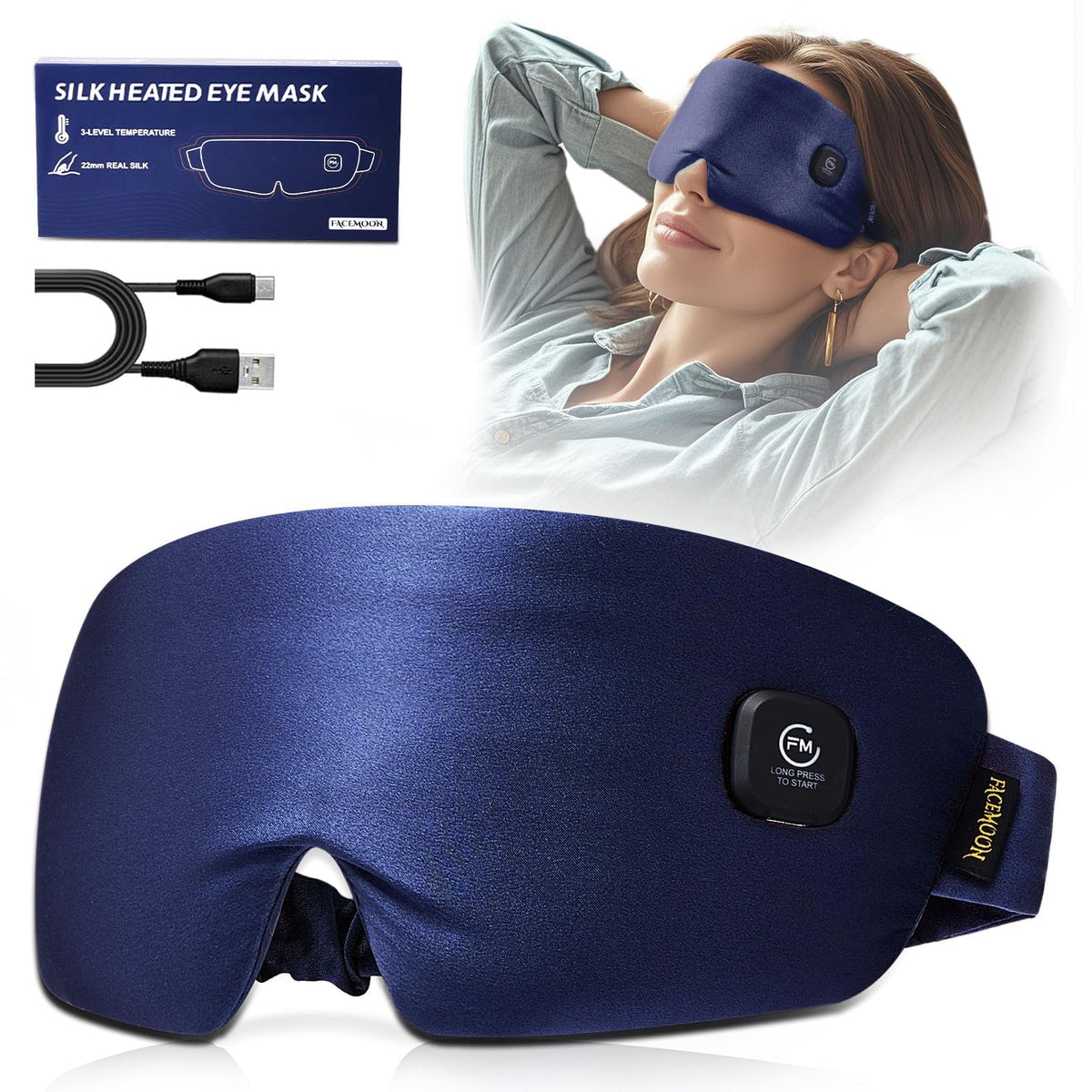 Mascarilla Facemoon vista frontal, diseño cómodo para alivio ocular
