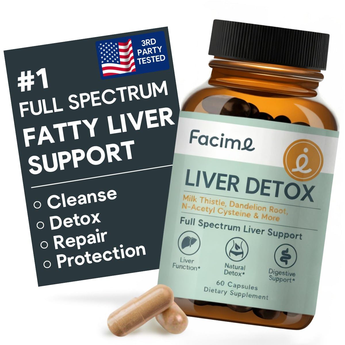 Facime Full Spectrum Liver Cleanse bottle displaying multi-step detox concept.