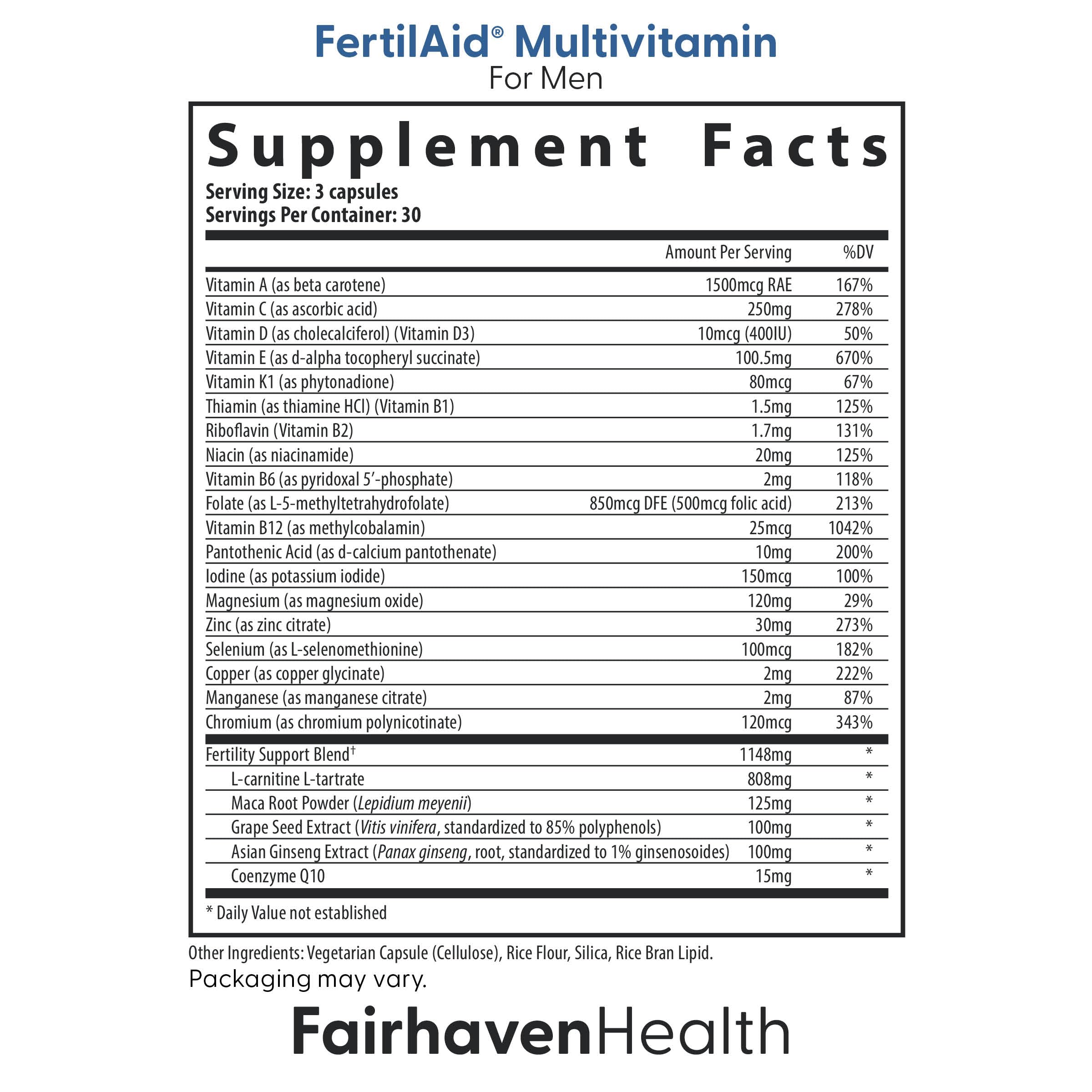 Fairhaven Health detalle de la etiqueta que destaca ingredientes clave y pureza