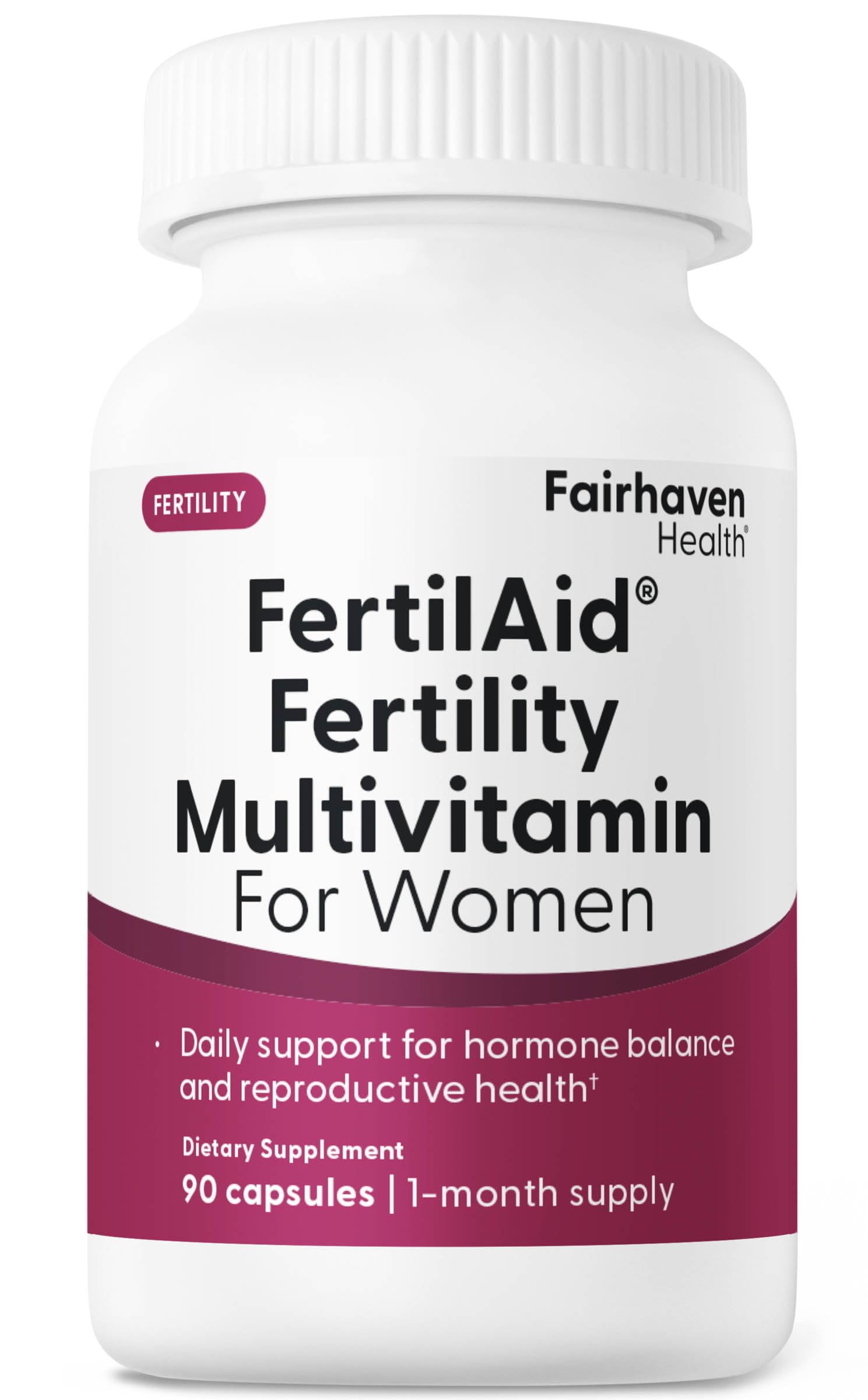 Fairhaven Health envase frontal de FertilAid mostrando diseño y cantidad