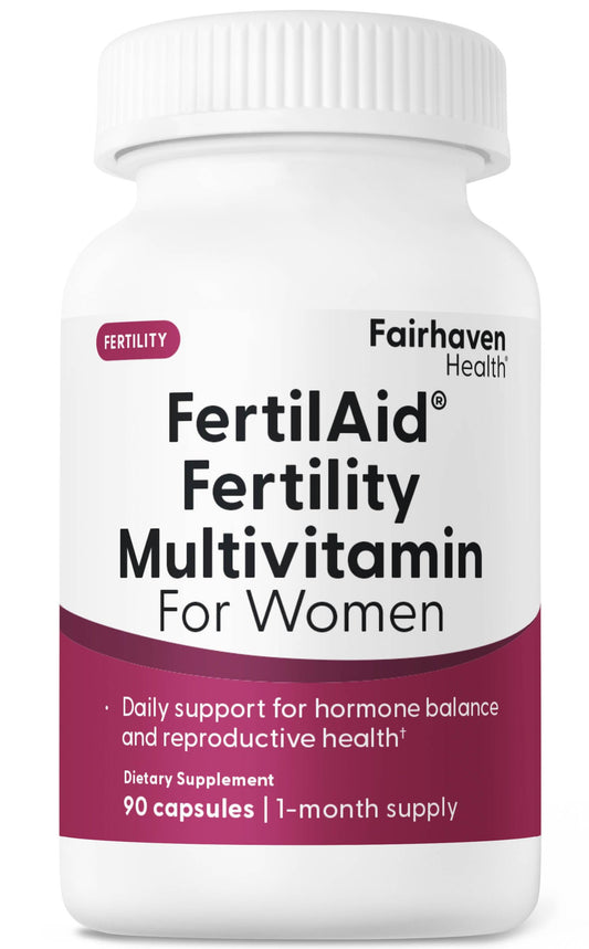 Fairhaven Health envase frontal de FertilAid mostrando diseño y cantidad