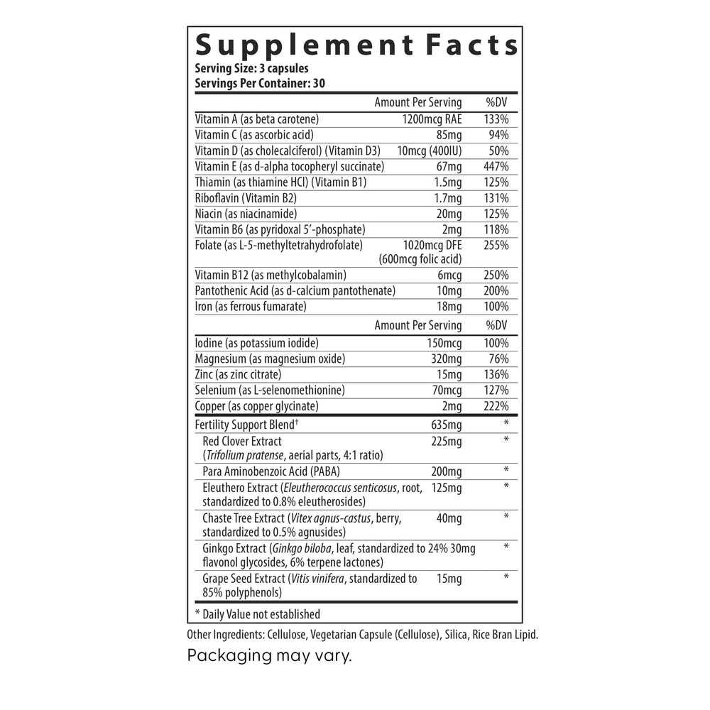 Fairhaven Health etiqueta nutricional de FertilAid con información sobre folato