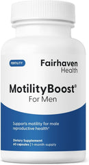 Fairhaven Health frasco MotilityBoost frontal mostrando envase y beneficios