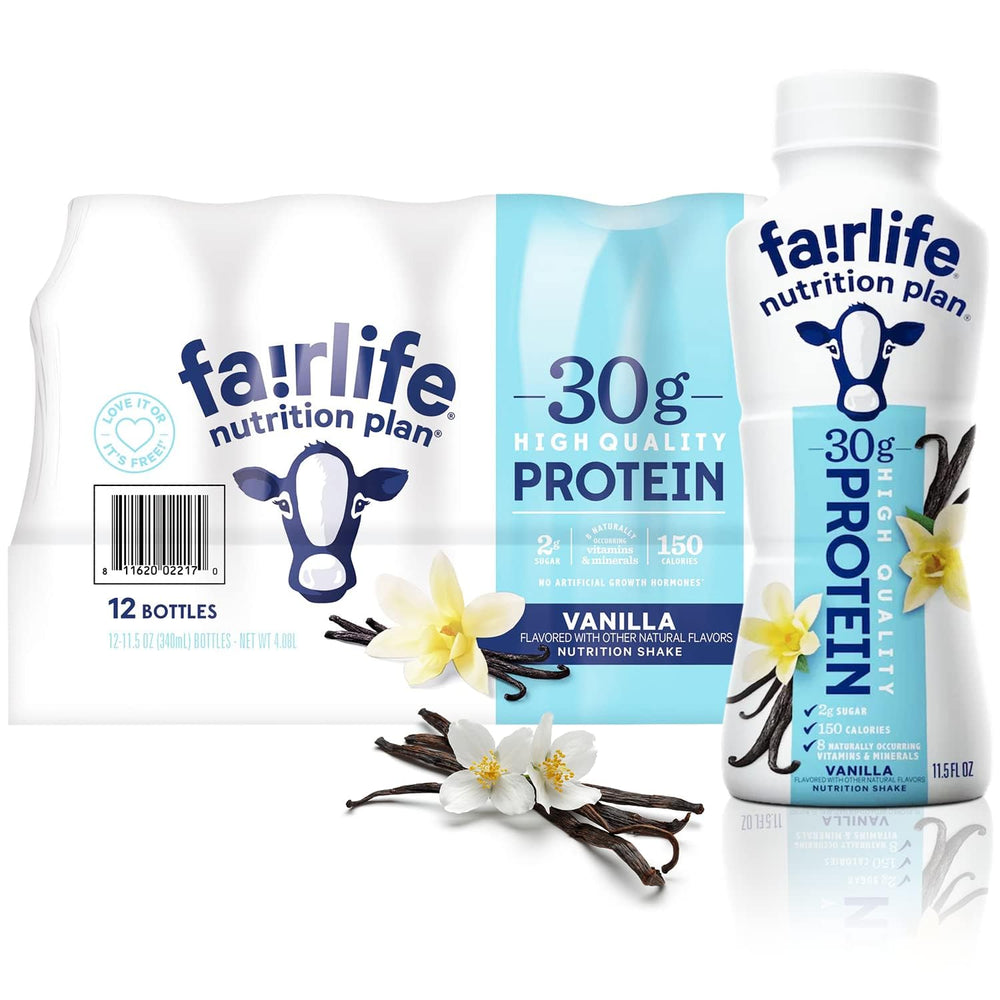 Fairlife botella frontal vainilla mostrando etiqueta y beneficio proteico