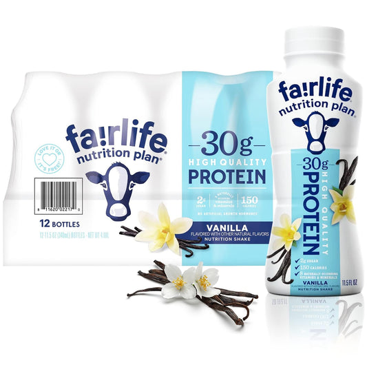 Fairlife botella frontal vainilla mostrando etiqueta y beneficio proteico