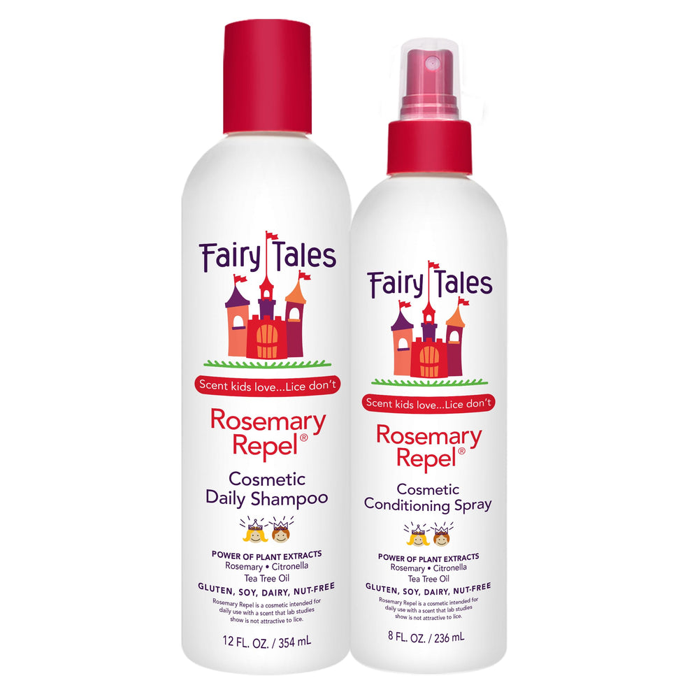 Fairy Tales champú y spray frontal mostrando envases y beneficios suaves