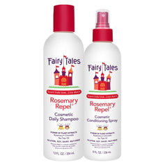 Fairy Tales champú y spray frontal mostrando envases y beneficios suaves