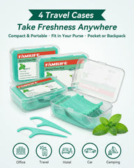 Cuatro estuches FAMILIFE abiertos protegiendo y organizando los floss picks
