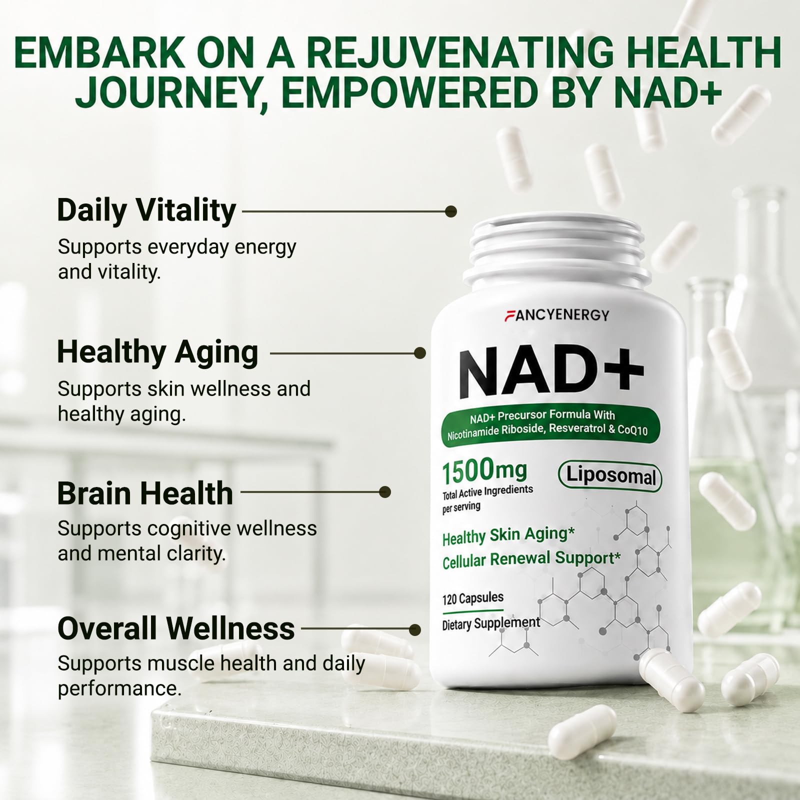 FANCYENERGY etiqueta con ingredientes clave NR y resveratrol visibles