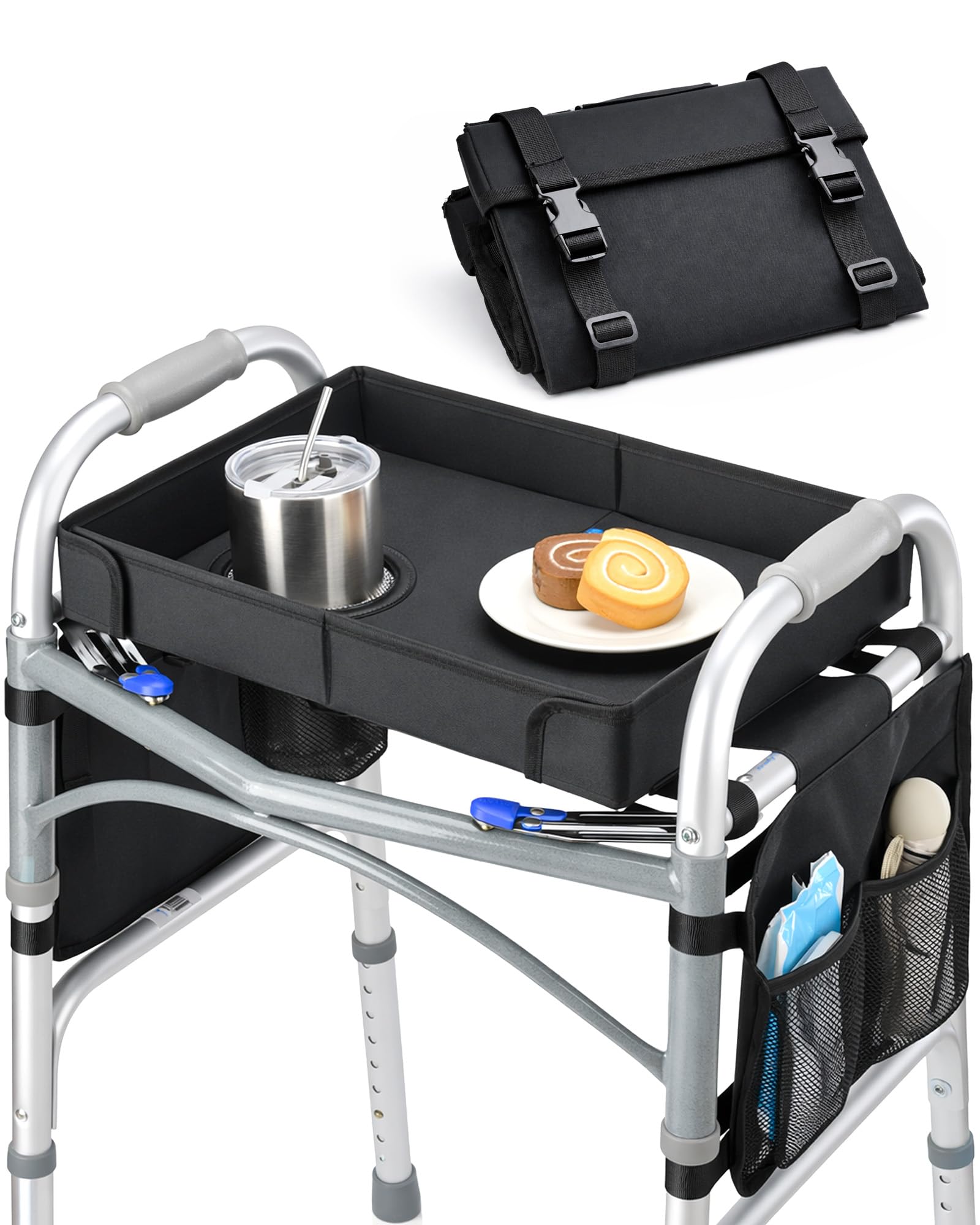 FANGSUN bandeja frontal montada en andador mostrando almacenamiento seguro