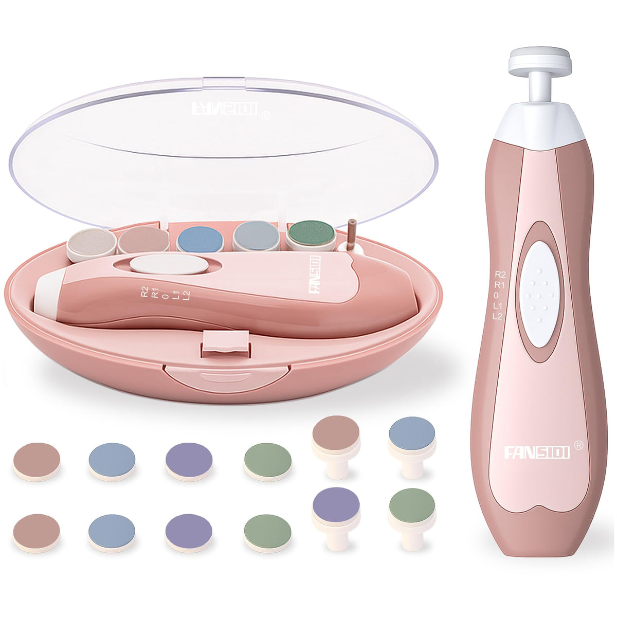 FANSIDI vista frontal del dispositivo rosa y su estuche, práctico para viajes