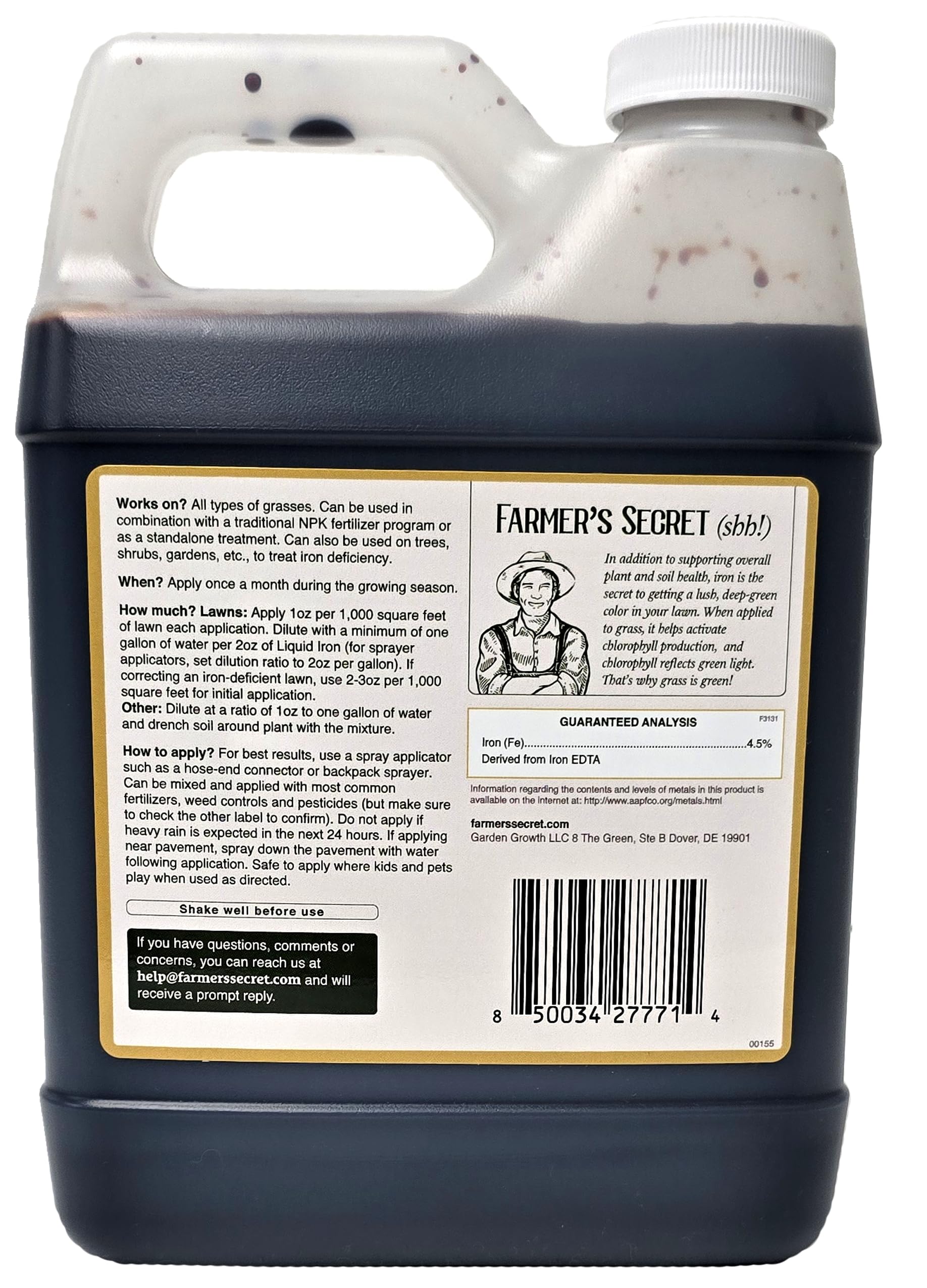 Farmer’s Secret etiqueta con instrucciones y beneficios claros para uso en jardines