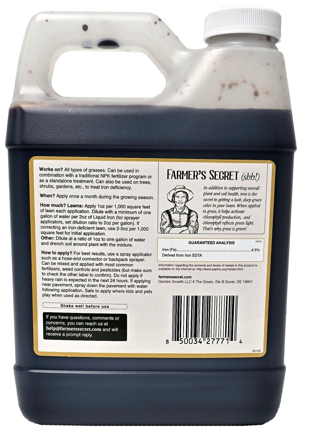 Farmer’s Secret etiqueta con instrucciones y beneficios claros para uso en jardines