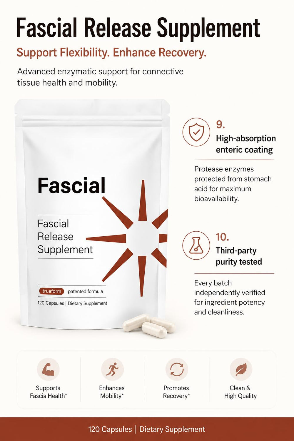 Fascial dos cápsulas junto a vaso indicando uso diario sugerido