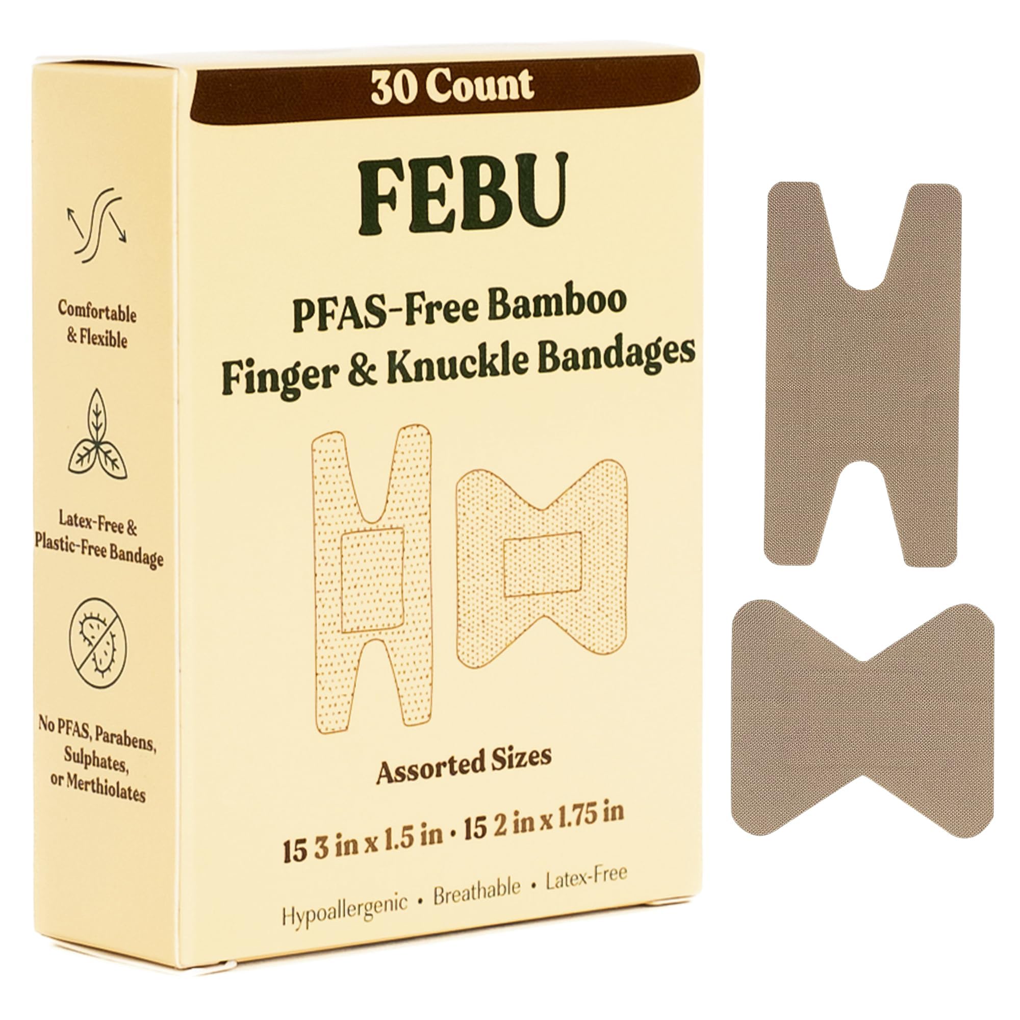 FEBU empaque frontal mostrando 30 vendajes, solución práctica y eco